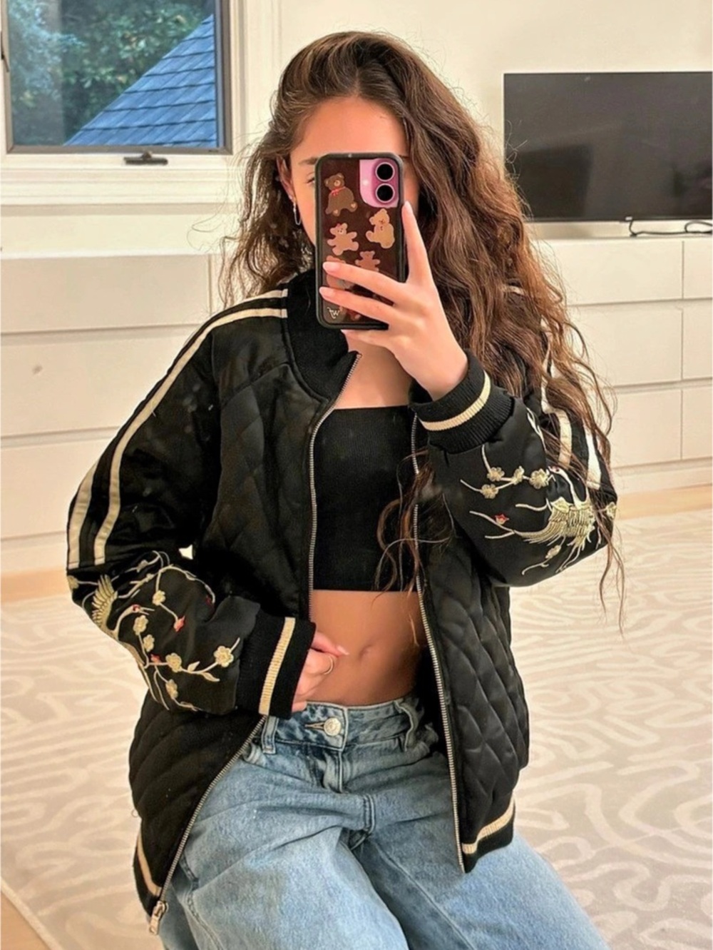 Pull&Bear Embroidered Bomber Jacket - Black